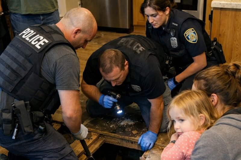 A rendőr hirtelen kiegyenesedett, mintha áramütés érte volna. Szó nélkül a padló felé mutatott, és mindenki ösztönösen közelebb lépett.